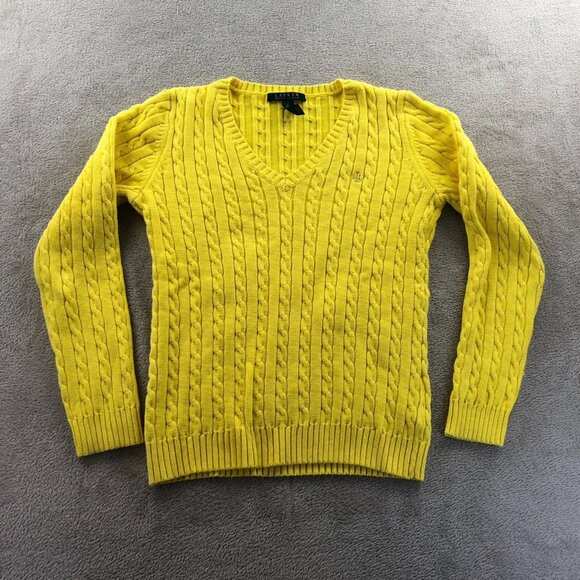 Lauren Ralph Lauren Womens Sweater Small Yellow Cable Knit V-Neck Pullover Cozy - Picture 11 of 12